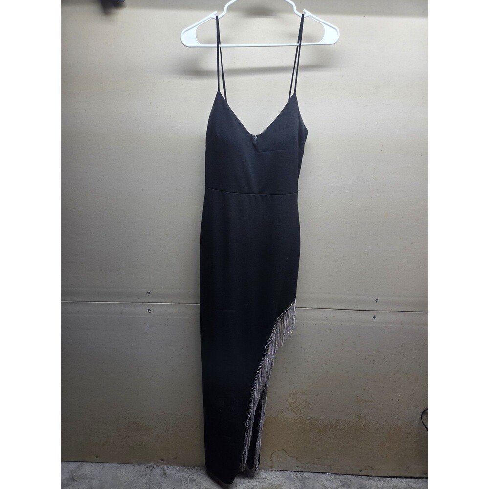 City Triangles Black Maxi Dress Rhinestone Crystal Fringe Slit Bodycon Prom Sz 5
